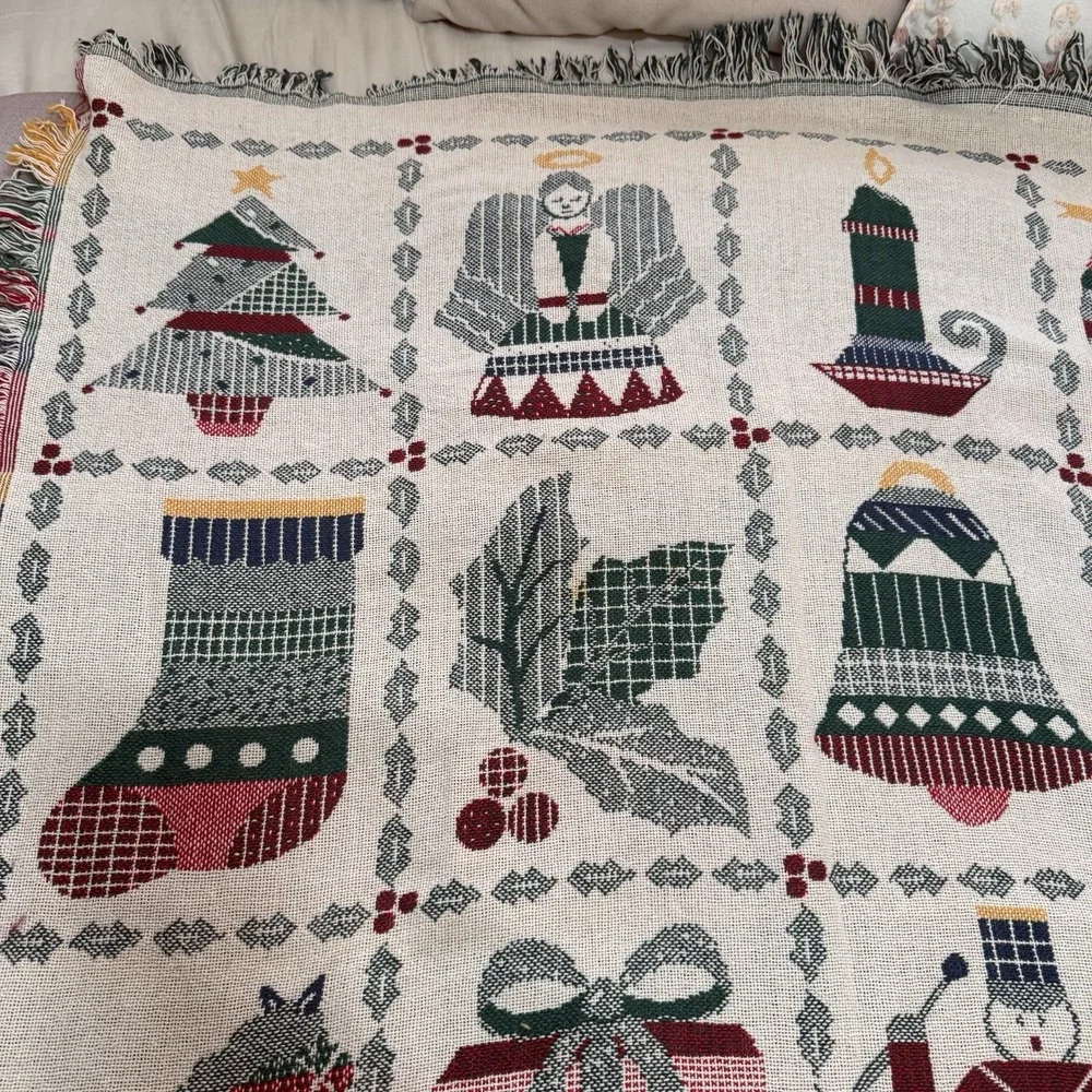 Vintage Tapestry Woven‎ Throw Holly Stockings Snowman Blanket Holiday Christmas